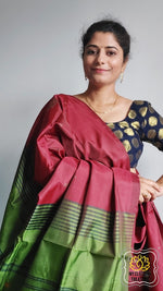 Load image into Gallery viewer, Handwoven Banana Pith Silk Saree- Maroon And Henna Green Saree
