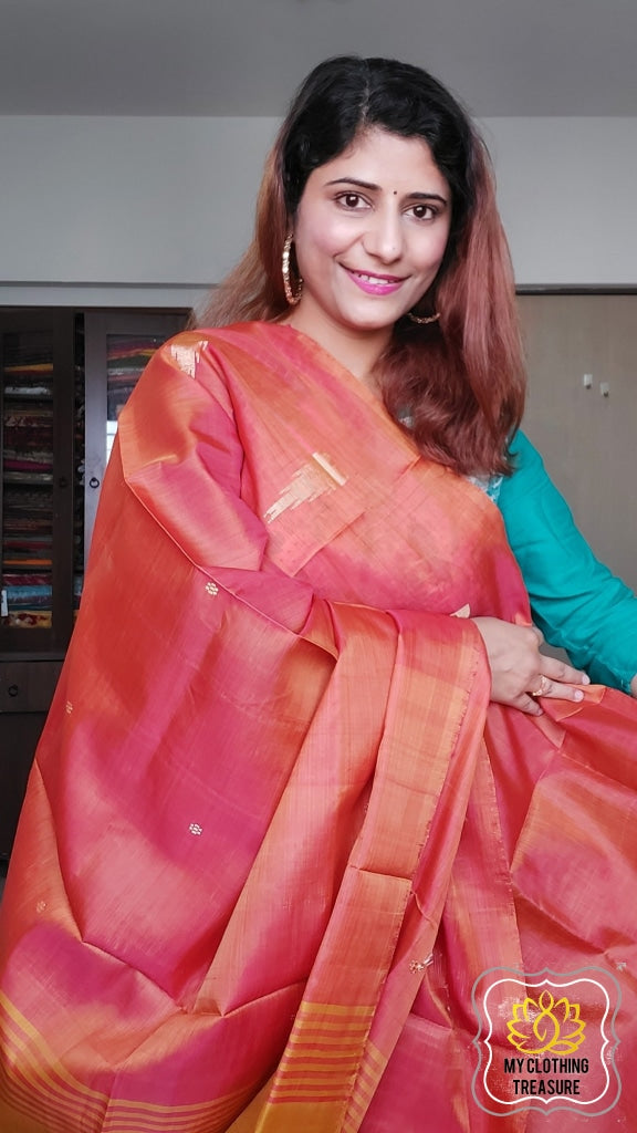 Handwoven Banana Pith Silk Saree- Molten Orange And Mustard Saree