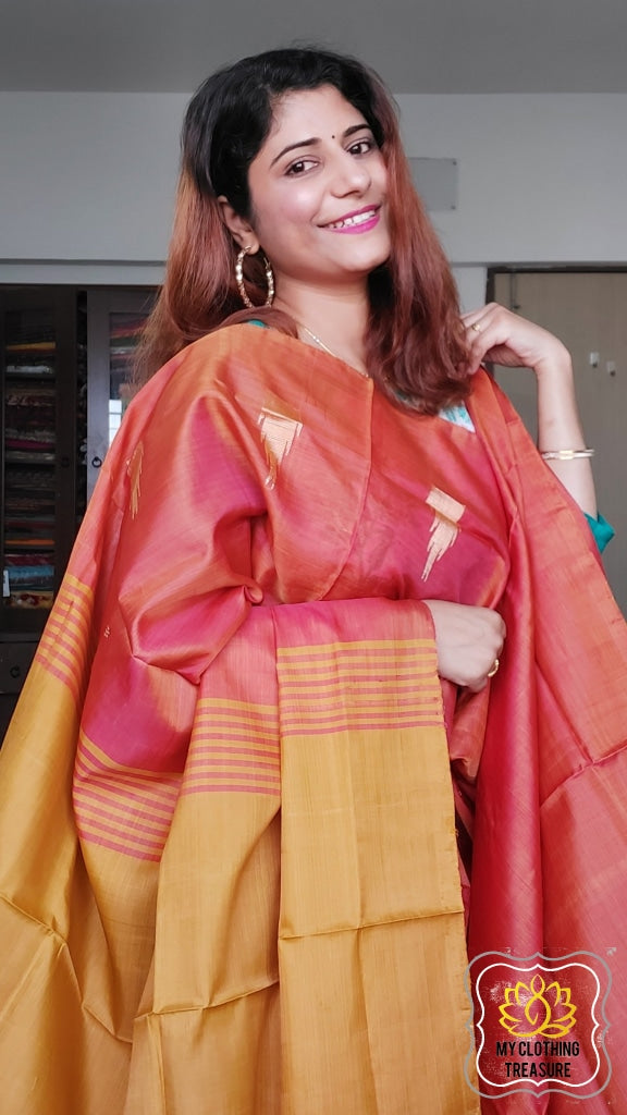 Handwoven Banana Pith Silk Saree- Molten Orange And Mustard Saree