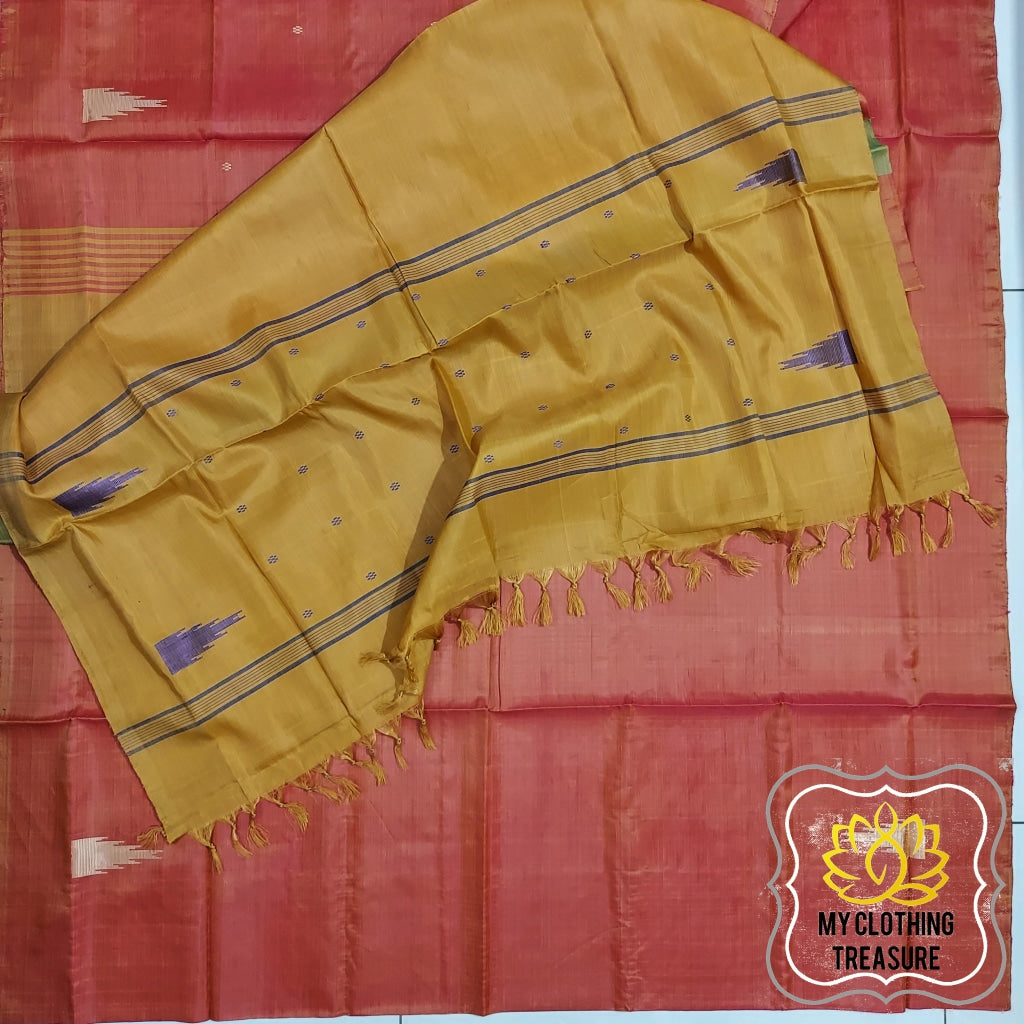 Handwoven Banana Pith Silk Saree- Molten Orange And Mustard Saree