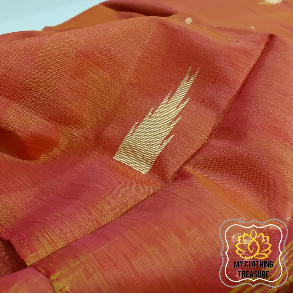 Handwoven Banana Pith Silk Saree- Molten Orange And Mustard Saree