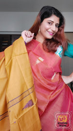 Load image into Gallery viewer, Handwoven Banana Pith Silk Saree- Molten Orange And Mustard Saree
