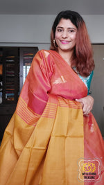 Load image into Gallery viewer, Handwoven Banana Pith Silk Saree- Molten Orange And Mustard Saree
