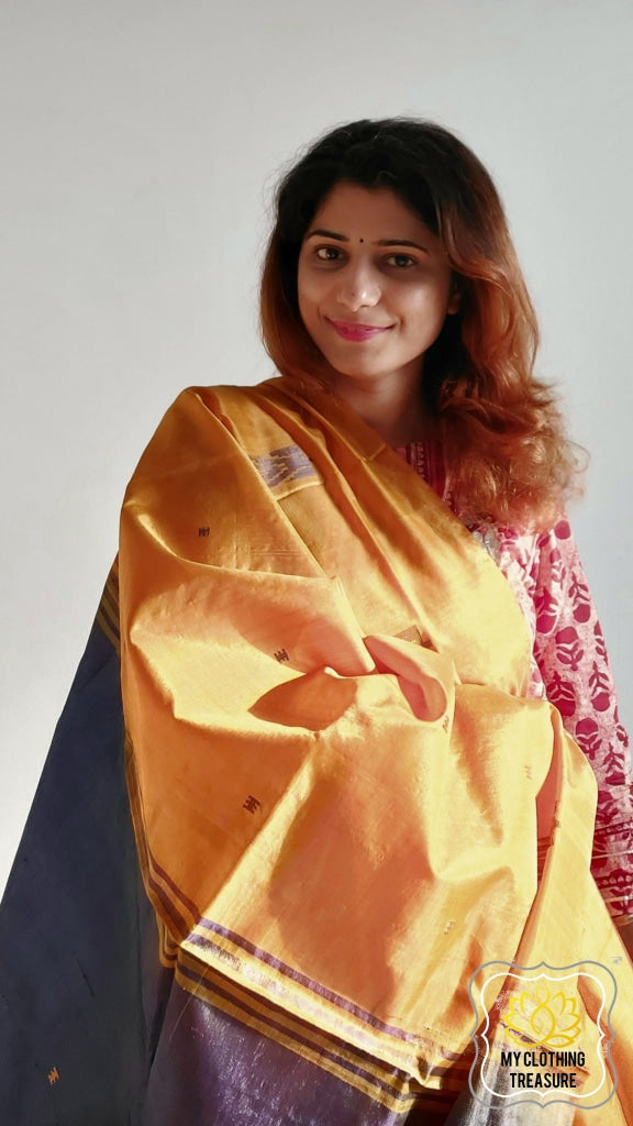 Handwoven Banana Pith Silk Saree- Mustard And Plum Saree