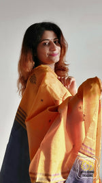 Load image into Gallery viewer, Handwoven Banana Pith Silk Saree- Mustard And Plum Saree
