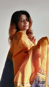 Handwoven Banana Pith Silk Saree- Mustard And Plum Saree