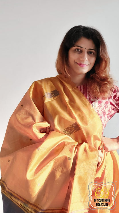 Handwoven Banana Pith Silk Saree- Mustard And Plum Saree