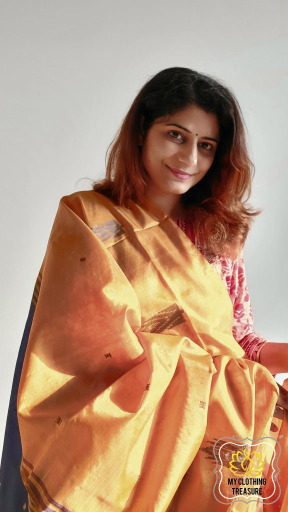 Handwoven Banana Pith Silk Saree- Mustard And Plum Saree