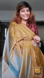 Load image into Gallery viewer, Handwoven Banana Pith Silk Saree- Mustard And Shot Blue Saree
