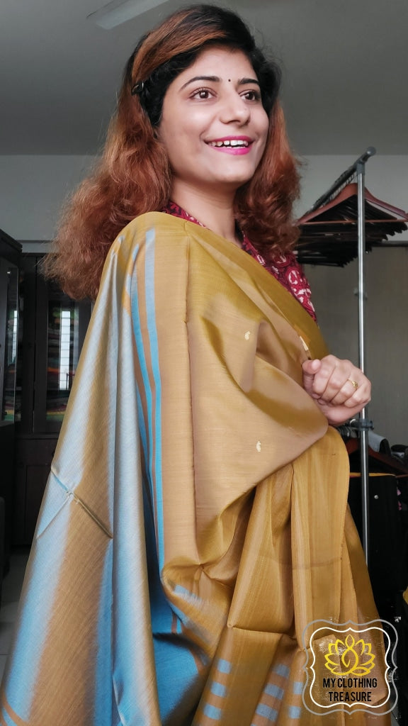 Handwoven Banana Pith Silk Saree- Mustard And Shot Blue Saree