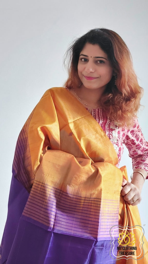 Handwoven Banana Pith Silk Saree- Mustard Yellow And Purple Saree