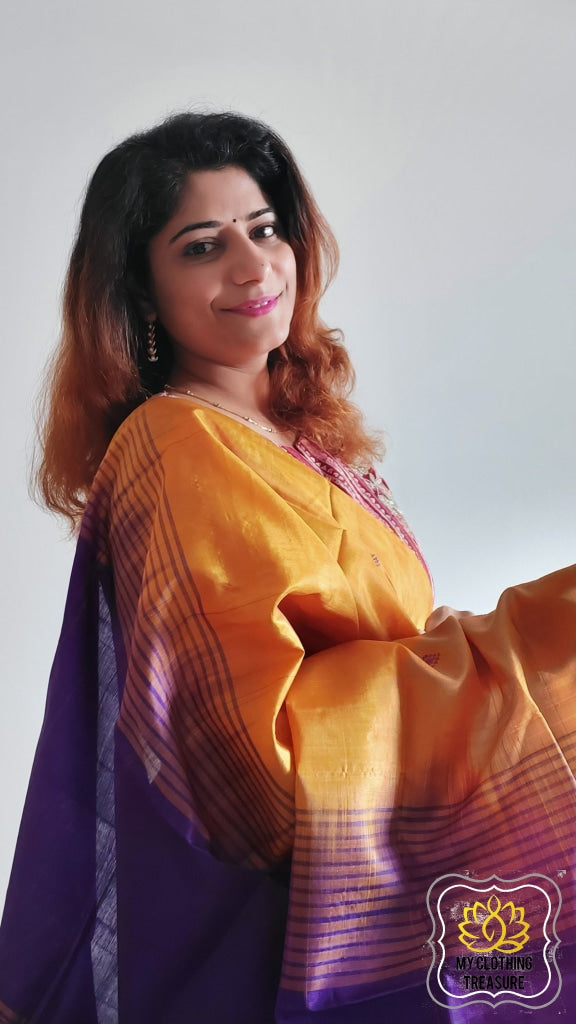 Handwoven Banana Pith Silk Saree- Mustard Yellow And Purple Saree