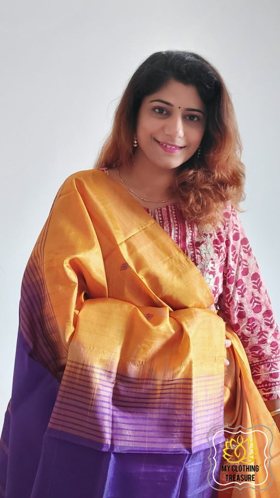 Handwoven Banana Pith Silk Saree- Mustard Yellow And Purple Saree