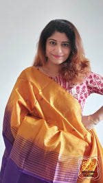 Load image into Gallery viewer, Handwoven Banana Pith Silk Saree- Mustard Yellow And Purple Saree
