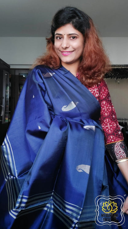 Handwoven Banana Pith Silk Saree- Navy Blue Saree