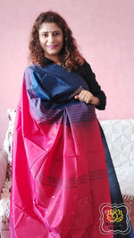 Load image into Gallery viewer, Handwoven Banana Pith Silk Saree- Navy Blue &amp; Red Saree
