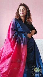 Load image into Gallery viewer, Handwoven Banana Pith Silk Saree- Navy Blue &amp; Red Saree
