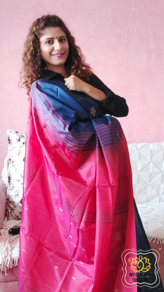 Handwoven Banana Pith Silk Saree- Navy Blue & Red Saree