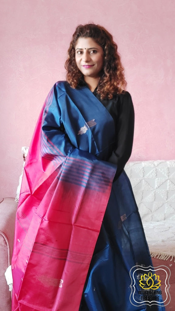 Handwoven Banana Pith Silk Saree- Navy Blue & Red Saree