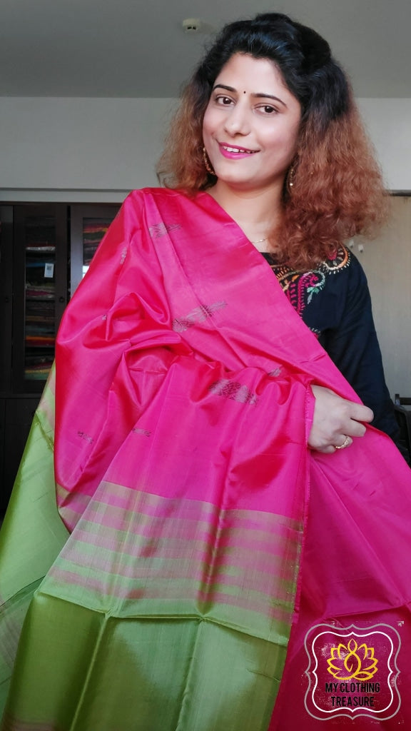 Handwoven Banana Pith Silk Saree- Neon Pink And Green Saree