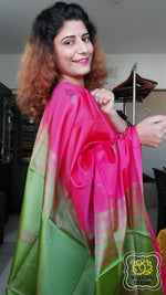 Load image into Gallery viewer, Handwoven Banana Pith Silk Saree- Neon Pink And Green Saree
