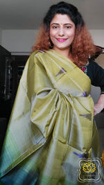 Load image into Gallery viewer, Handwoven Banana Pith Silk Saree- Olive And Green Saree
