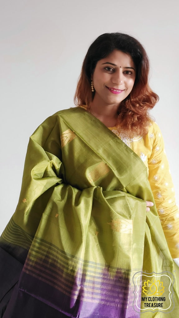 Handwoven Banana Pith Silk Saree- Olive And Purple Saree