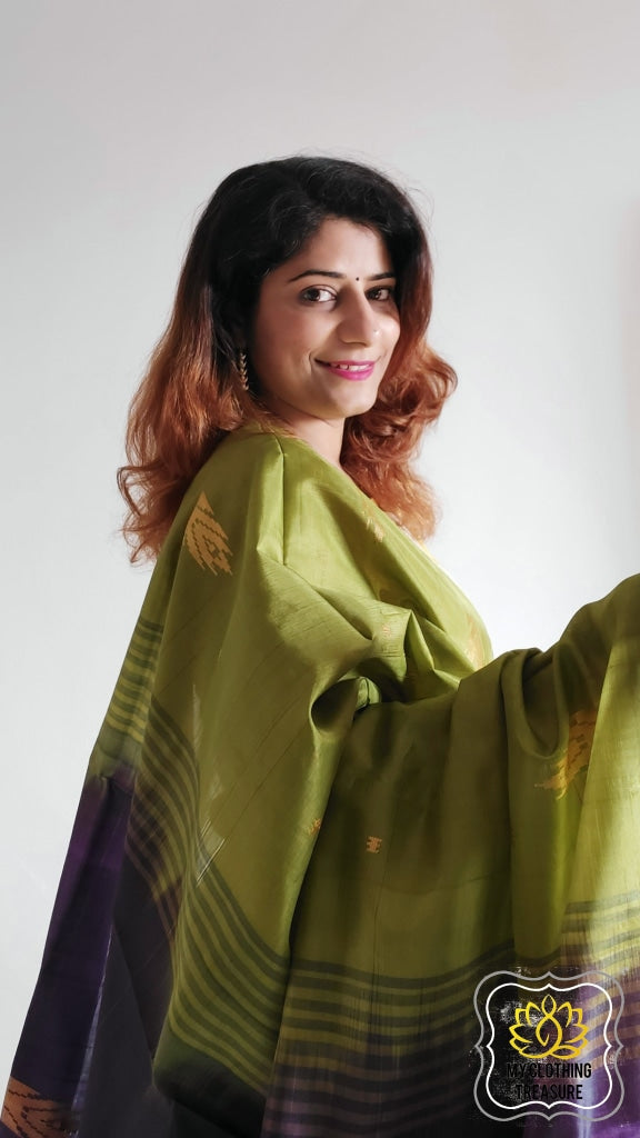 Handwoven Banana Pith Silk Saree- Olive And Purple Saree