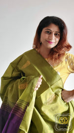 Load image into Gallery viewer, Handwoven Banana Pith Silk Saree- Olive And Purple Saree
