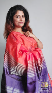 Handwoven Banana Pith Silk Saree- Orange And Purple Saree