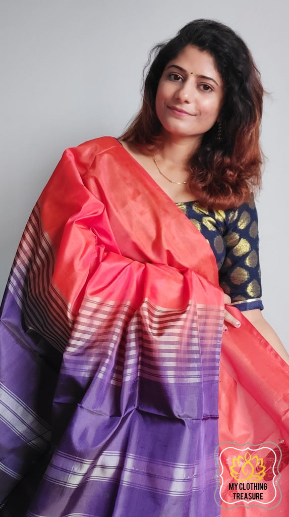 Handwoven Banana Pith Silk Saree- Orange And Purple Saree