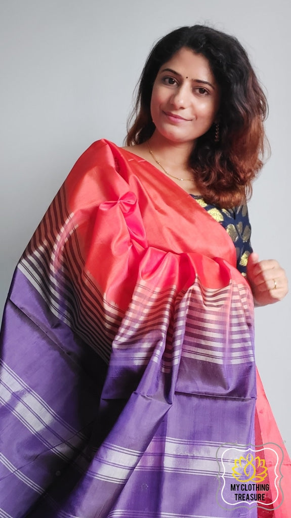 Handwoven Banana Pith Silk Saree- Orange And Purple Saree