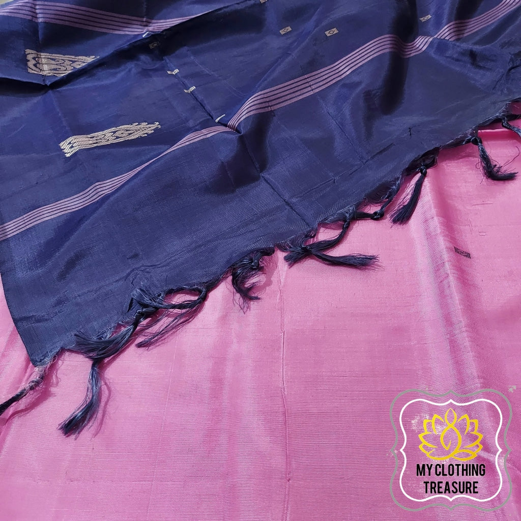 Handwoven Banana Pith Silk Saree- Pink And Navy Saree