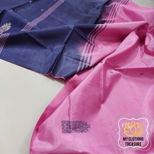 Handwoven Banana Pith Silk Saree- Pink And Navy Saree