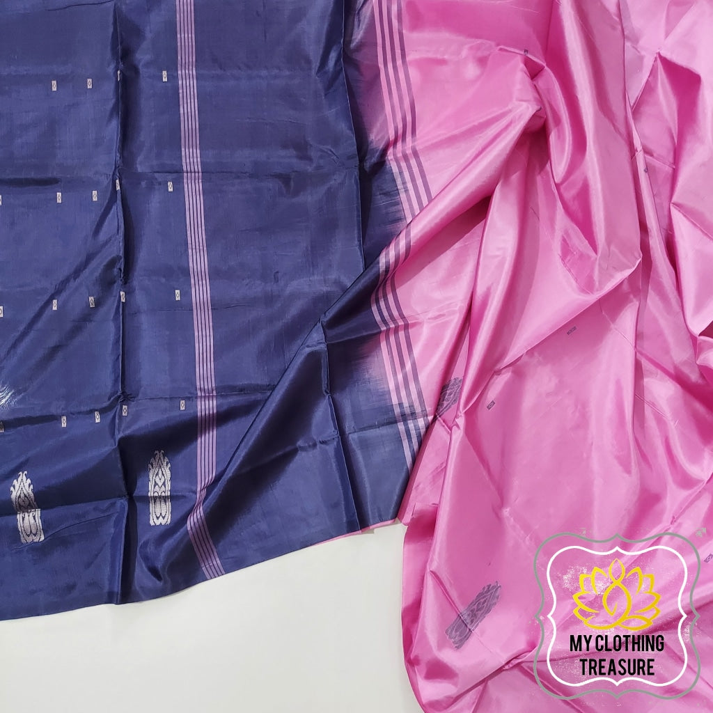 Handwoven Banana Pith Silk Saree- Pink And Navy Saree