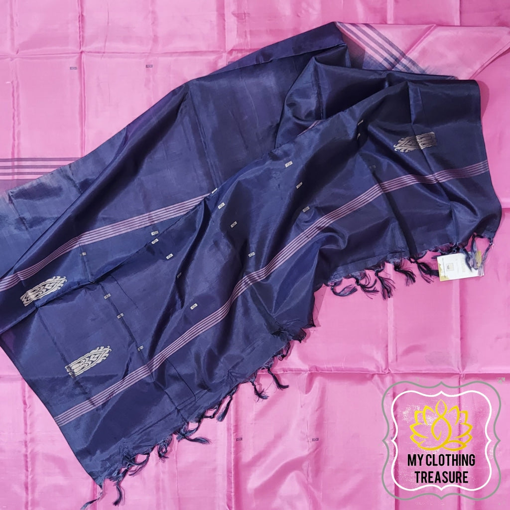 Handwoven Banana Pith Silk Saree- Pink And Navy Saree