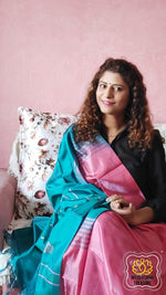 Load image into Gallery viewer, Handwoven Banana Pith Silk Saree- Pink &amp; Teal Saree
