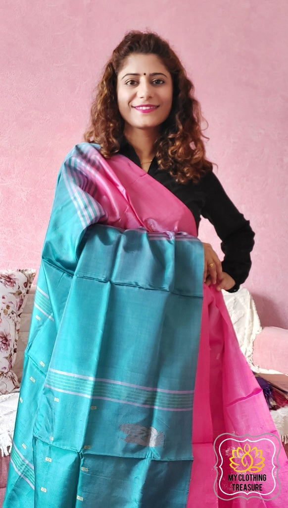 Handwoven Banana Pith Silk Saree- Pink & Teal Saree