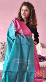 Load image into Gallery viewer, Handwoven Banana Pith Silk Saree- Pink &amp; Teal Saree
