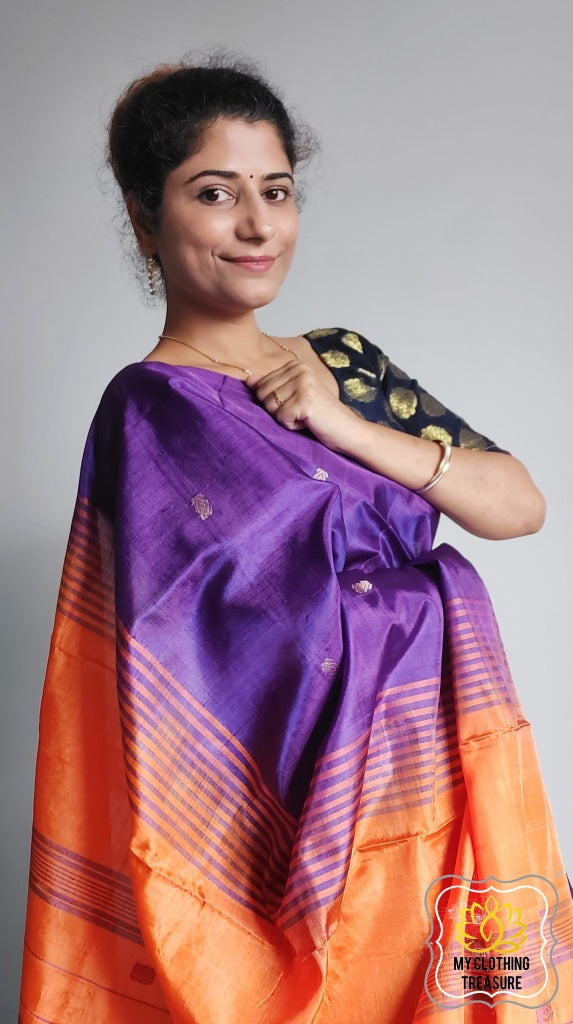 Handwoven Banana Pith Silk Saree- Purple And Orange 2 Saree