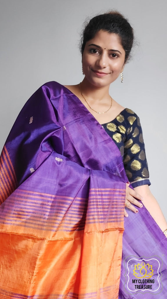 Handwoven Banana Pith Silk Saree- Purple And Orange 2 Saree