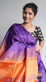 Load image into Gallery viewer, Handwoven Banana Pith Silk Saree- Purple And Orange 2 Saree
