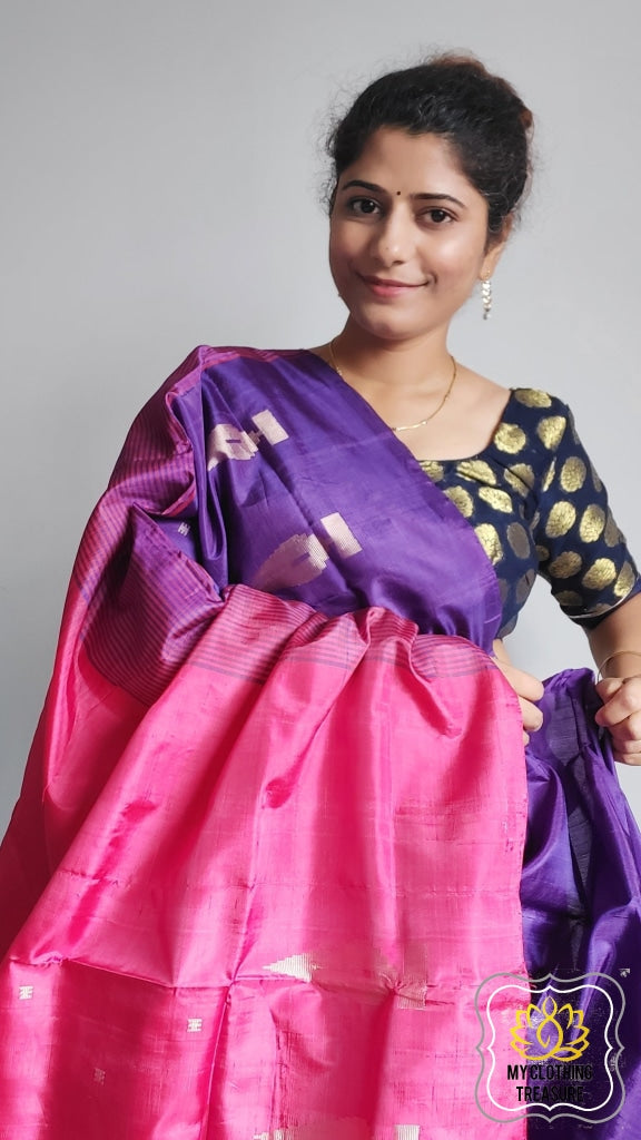 Handwoven Banana Pith Silk Saree- Purple And Pink Saree