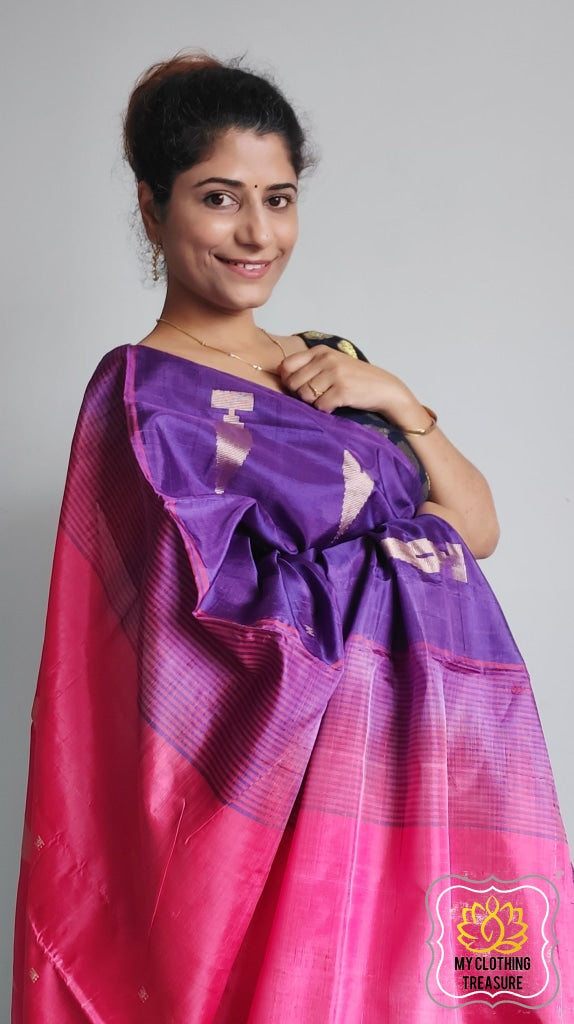 Handwoven Banana Pith Silk Saree- Purple And Pink Saree