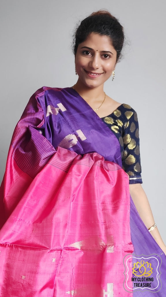 Handwoven Banana Pith Silk Saree- Purple And Pink Saree