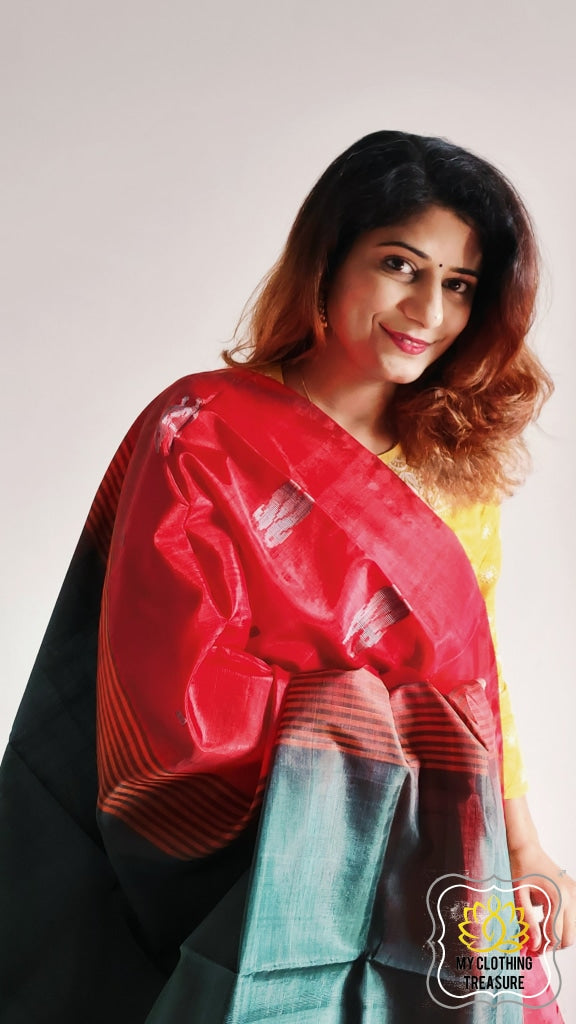 Handwoven Banana Pith Silk Saree- Red And Green Saree