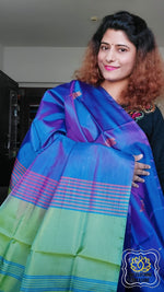 Load image into Gallery viewer, Handwoven Banana Pith Silk Saree- Royal Blue And Green Saree
