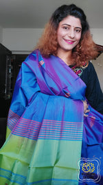 Load image into Gallery viewer, Handwoven Banana Pith Silk Saree- Royal Blue And Green Saree
