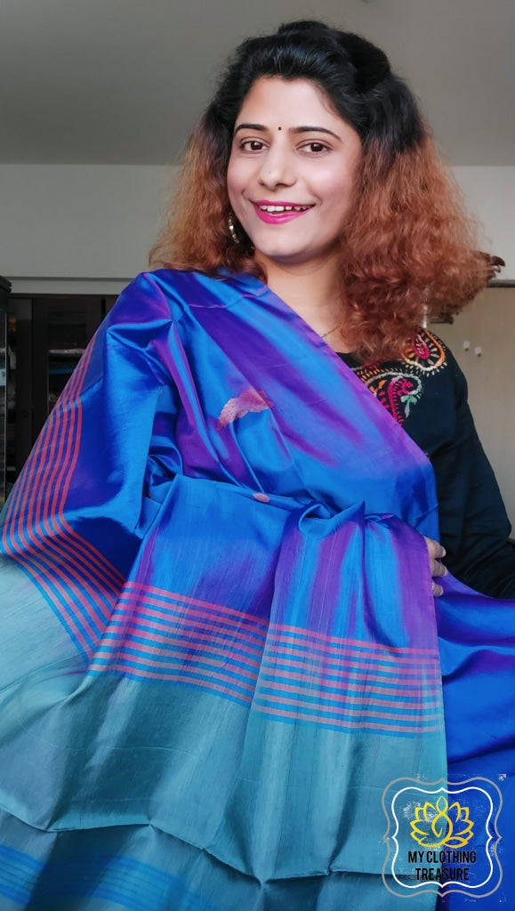 Handwoven Banana Pith Silk Saree- Royal Blue And Powder Saree