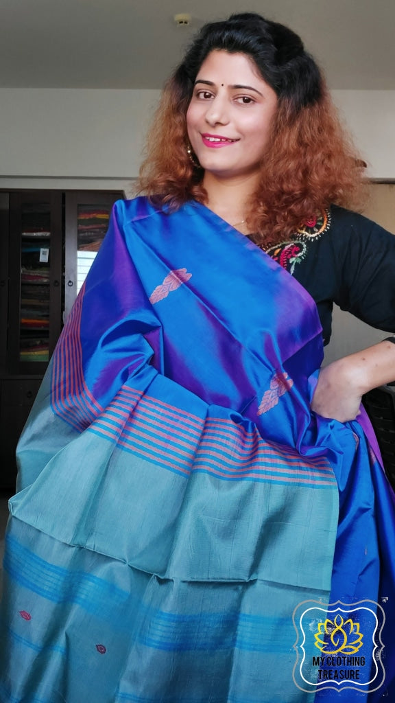 Handwoven Banana Pith Silk Saree- Royal Blue And Powder Saree